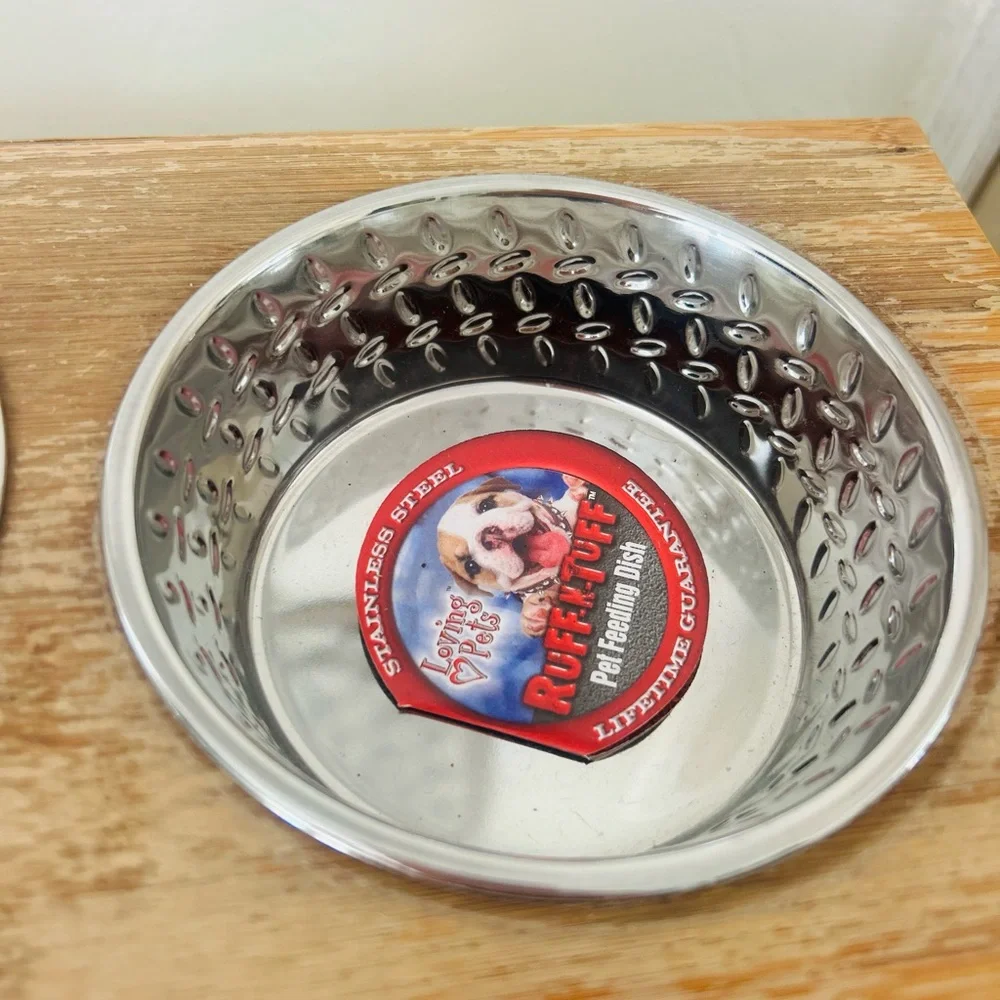 Loving Pets Double Raised Pet Dishes Stainless Steel Birch Stand NWT